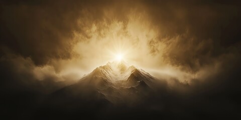 Symmetrical abstract white peak glowing under golden halo in atmospheric shadow