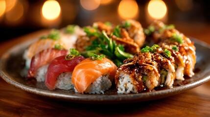 An artfully arranged sushi platter showcases a variety of vibrant sushi rolls and sashimi, offering a feast for both the eyes and the palate in an elegant dining setting.