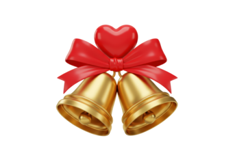 Isolated golden bells with a red heart on a bow; festive seasonal holiday bells image