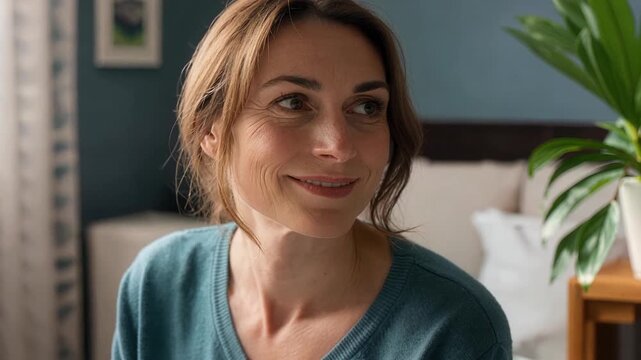 Caring mother looking at family member with gentle smile in family room showing nurturing maternal instincts and love for nature at home