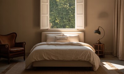 Fototapeta premium Beige bedroom with large window, light streaming in