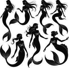 Mermaid silhouette collection, black mermaid clipart, underwater fantasy art, ocean fairytale design, female mermaid figures, elegant sea creature illustration