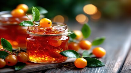 Delicious homemade jam adorned with fresh berries and leaves, beautifully arranged on rustic wood, exuding warmth and tradition, capturing the essence of homemade goodness.