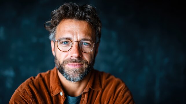 A close-up portrait of a confident man with glasses, showcasing his thoughtful expression, capturing the depth of human emotion and connection against a dark backdrop.