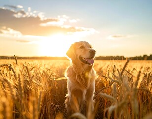 Golden Retriever in a golden field at sunset (1)