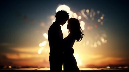 Silhouetted anime couple embracing before a sunset sky filled with blurred fireworks - Powered by Adobe