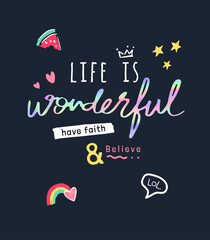 life is wonderful calligraphy slogan holographic with colorful icons vector illustration