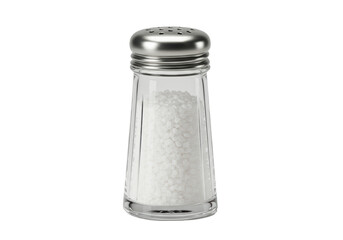 Isolated clear salt shaker filled with crystalline granules for kitchen table condiment