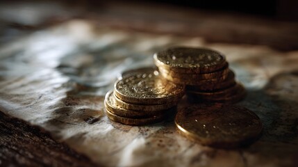 Pile of glimmering gold coins on an aged treasure map
