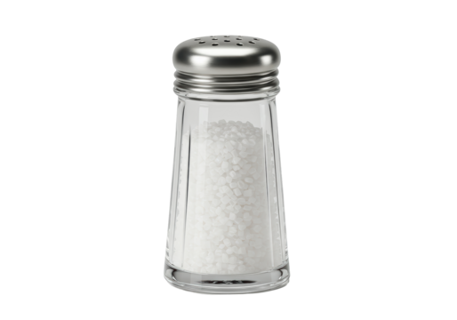 Isolated clear salt shaker filled with crystalline granules for kitchen table condiment