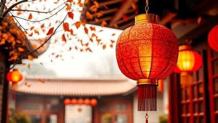 Vibrant red lantern with gold patterns glowing in a traditional courtyard, celebrating China National Day.