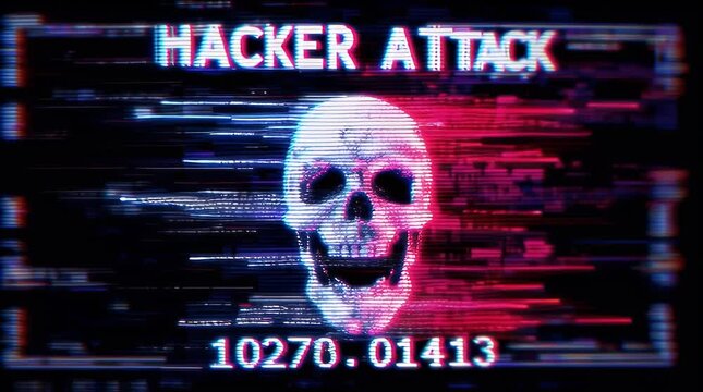 HACKER ATTACK glitch notification with skull icon computer hack blue and red background 4k animation fly skull