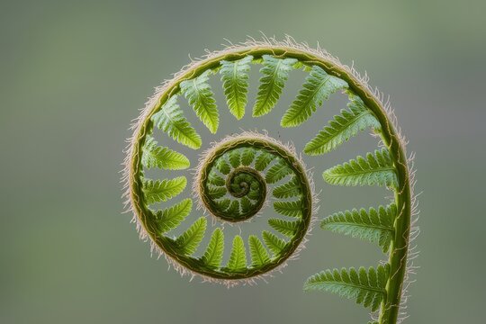Beautiful unfurling fern frond showcasing a perfect Fibonacci spiral in nature's delicate design