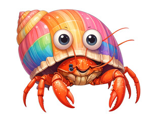 Cartoon Hermit Crab Wearing Colorful Seashell, Front View, Isolated Transparent Background PNG
