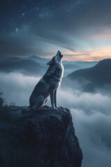 A majestic wolf howling on a rocky cliff, surrounded by mist, under a dreamy night sky with stars, crescent moon, distant mountains, ethereal lighting, high detail, fantasy atmosphere, soft color tone