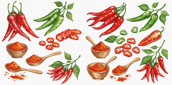 Watercolor illustration featuring red and green chili peppers, slices, powder in bowls and spoons, with leaves.