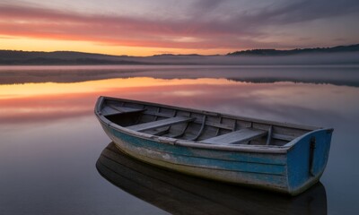 Obraz premium Calm sunrise over a lake, with a weathered rowboat