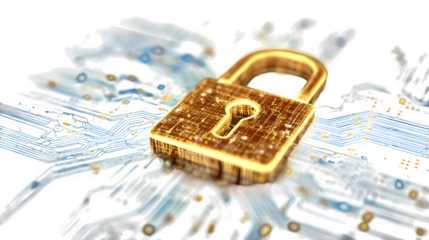 Secure technology illustration featuring glowing golden padlock on blue circuit