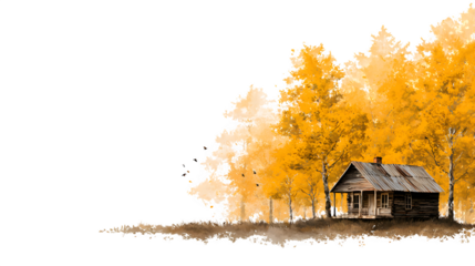 Serene cabin in a golden autumn valley surrounded by migrating birds