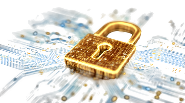 Secure technology illustration featuring glowing golden padlock on blue circuit