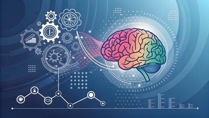 Illustration of a brain with gears and data lines on a blue gradient background design concept