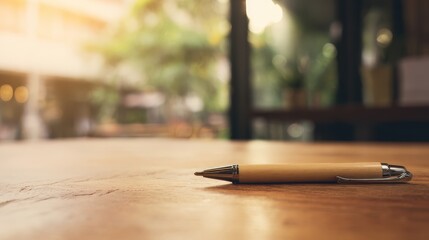Single pen resting on wooden desk surface, wide angle view with blurred background, natural side lighting, f/4.0, professional workspace atmosphere.