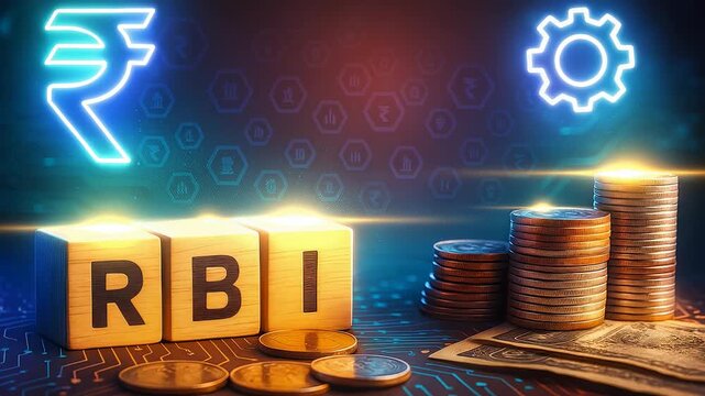 Indian Rupee, RBI blocks, and gears with stacked coins, symbolizing currency, financial regulation, and economic management in India.