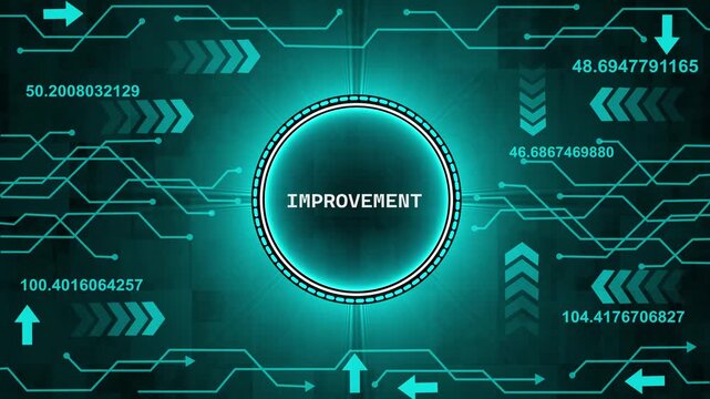 Neon digital circuit board with glowing I M P R O V E M E N T text and data streams representing. Hi tech motion graphic. abstract background improvement text animation concepts.