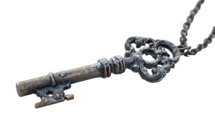 Snow-covered antique bronze key necklace on frosty ground