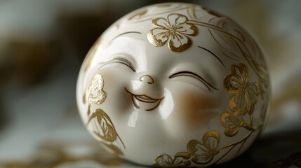 Smiling ceramic figurine with gold floral details.