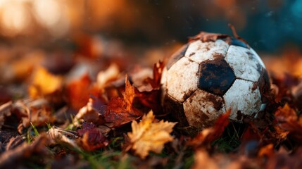 An old, weathered soccer ball rests amidst colorful autumn leaves, symbolizing the passing of time and the nostalgic joy of outdoor play during the beautiful fall season.