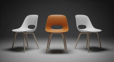 Obraz premium Three chairs, one orange and two white, in a studio