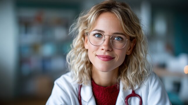 A friendly female doctor smiles while wearing glasses, conveying expertise and warmth, highlighting the importance of trust and care in healthcare settings.