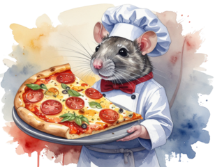  Whimsical Rat Chef Carrying Pizza Slice on Plate, Watercolor Style, isolated transparent background png