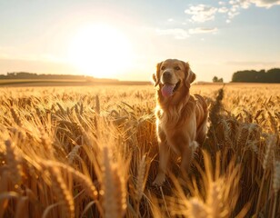 Golden retriever in a golden field at sunset
