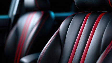 A close-up view of a car's stylish interior featuring sleek black leather seats with striking red accents, showcasing luxurious design and attention to detail.