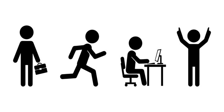 Business stickman icons showing office activities and work life scenes. Includes walking with briefcase, running, working at computer desk, and celebrating success in black silhouette vector style.