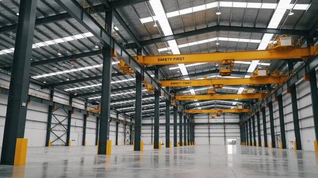 Vast Industrial Warehouse Interior with Steel Structure and Overhead Cranes