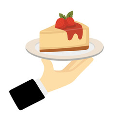 Hand Serving a Cheesecake Slice with Strawberry Topping