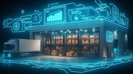 A smart warehouse with inventory, logistics, and digital data analytics, showcasing an advanced supply chain and automation system. - Powered by Adobe