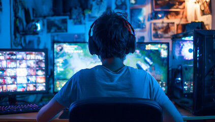 Esports player gaming at night with dual monitors