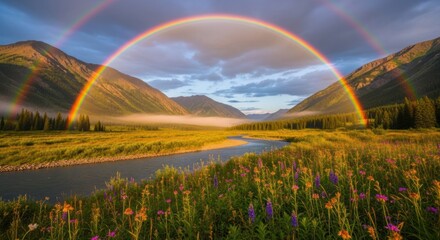Double rainbow over a mountain valley with a river and wildflowers