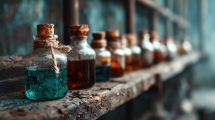A visually captivating image of various colorful potion bottles neatly arranged on a rustic wooden shelf, evoking a sense of alchemy and magical exploration.
