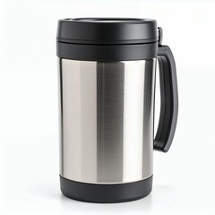Sleek insulated travel mug crafted from stainless steel with handle on white background