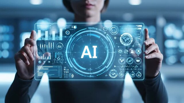 Woman Holding Augmented Reality Screen Displaying Artificial Intelligence