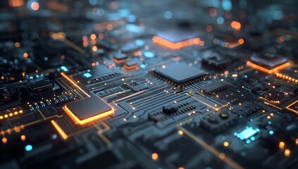 3D Render of Digital Circuit Board with Glowing Neon Elements, Futuristic AI Electronic System Design on Dark Background