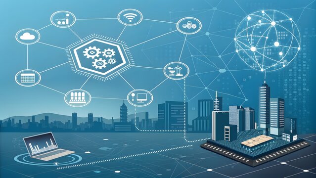 Digital city concept with laptop, buildings, and interconnected network on a blue background