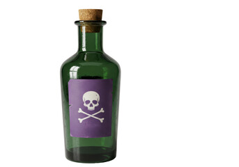 Isolated potion bottle, glass container with cork, antique drug vial and skull label, vintage