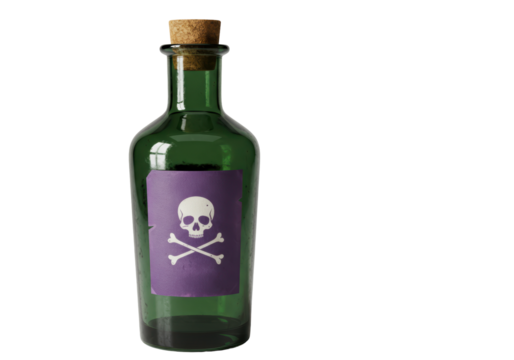 Isolated potion bottle, glass container with cork, antique drug vial and skull label, vintage