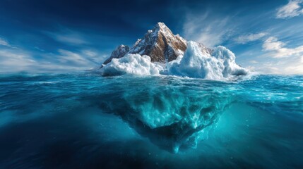 A stunning view of a large iceberg emerging from clear blue ocean waters under a bright sky, highlighting the majesty and beauty of nature and climate awareness themes.